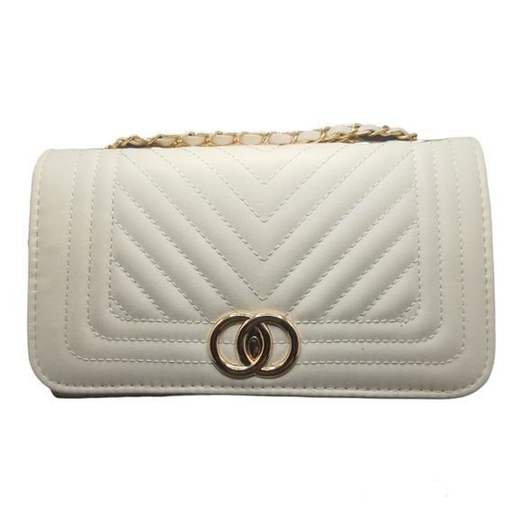 White Chevron Quilted Handbag Gold Tone Hardware - Picture 2 of 7